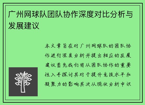 广州网球队团队协作深度对比分析与发展建议