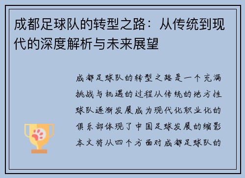 成都足球队的转型之路：从传统到现代的深度解析与未来展望