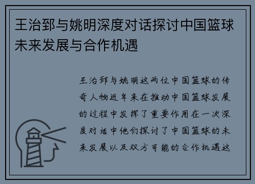 王治郅与姚明深度对话探讨中国篮球未来发展与合作机遇