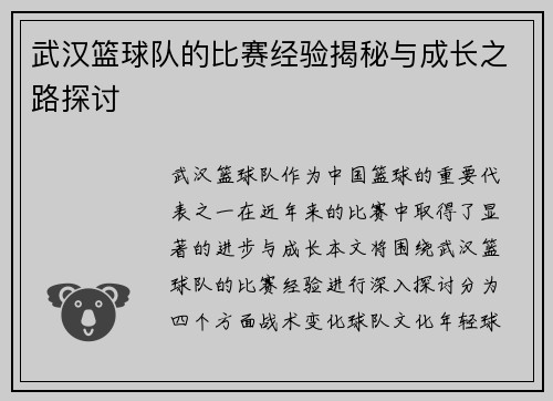 武汉篮球队的比赛经验揭秘与成长之路探讨