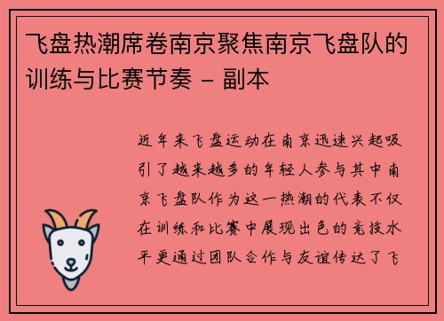 飞盘热潮席卷南京聚焦南京飞盘队的训练与比赛节奏 - 副本