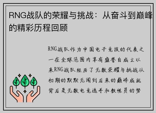 RNG战队的荣耀与挑战：从奋斗到巅峰的精彩历程回顾