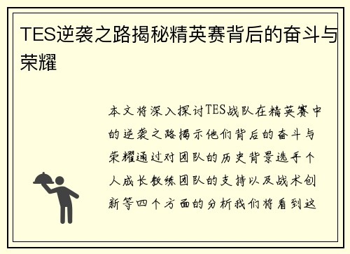 TES逆袭之路揭秘精英赛背后的奋斗与荣耀
