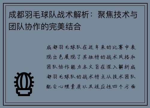 成都羽毛球队战术解析：聚焦技术与团队协作的完美结合